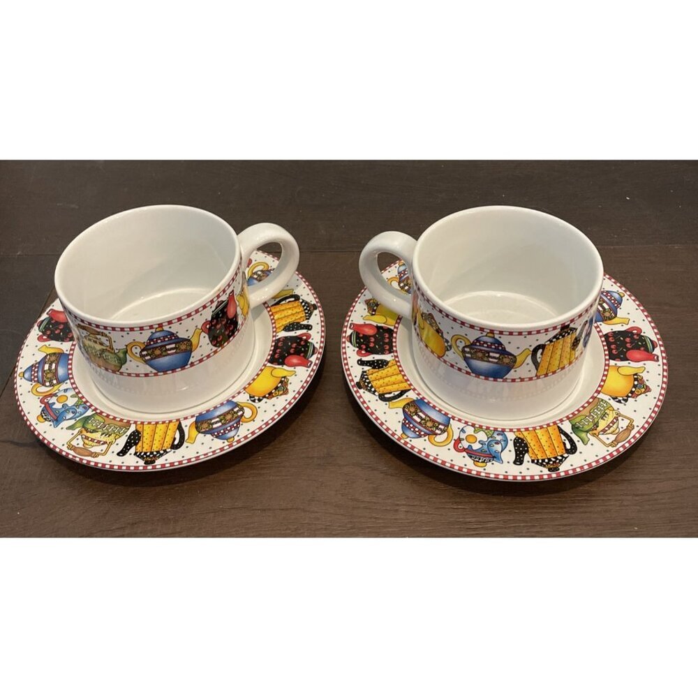 Mary Engelbreit Sakura‎ Afternoon Tea Cup Cups Saucers Vintage 1994 Set Of 2